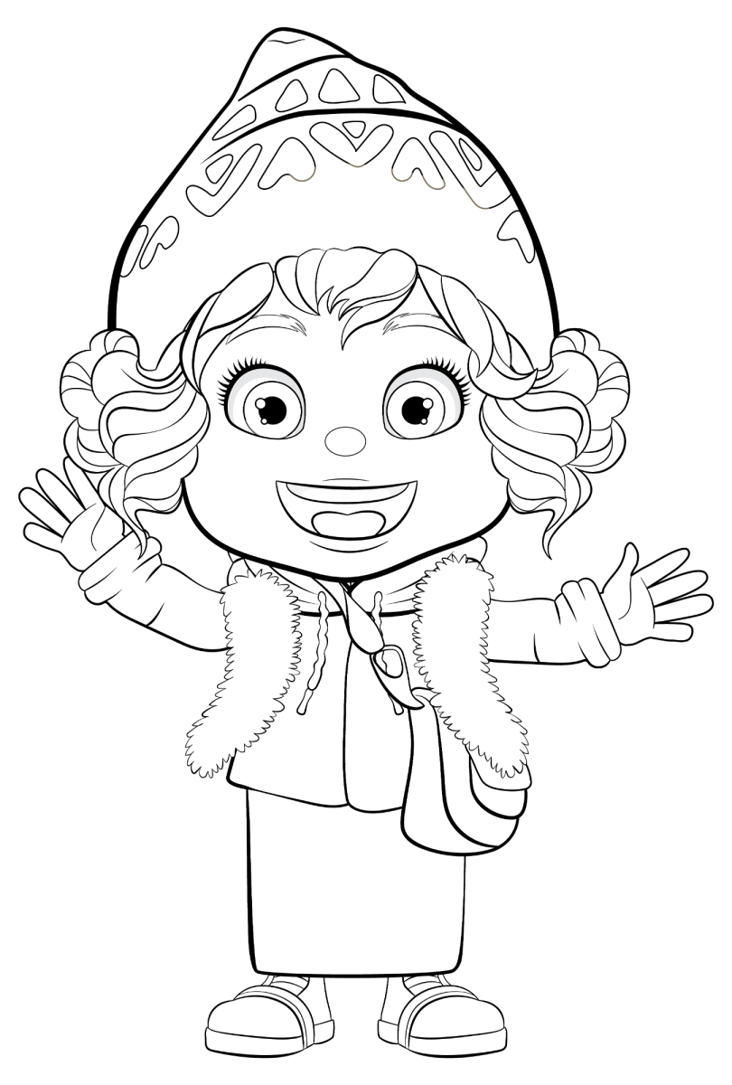 Menina fantasiada de bruxinha acenando para colorir