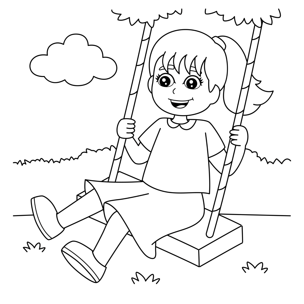 Menina feliz no balanço do parque para colorir