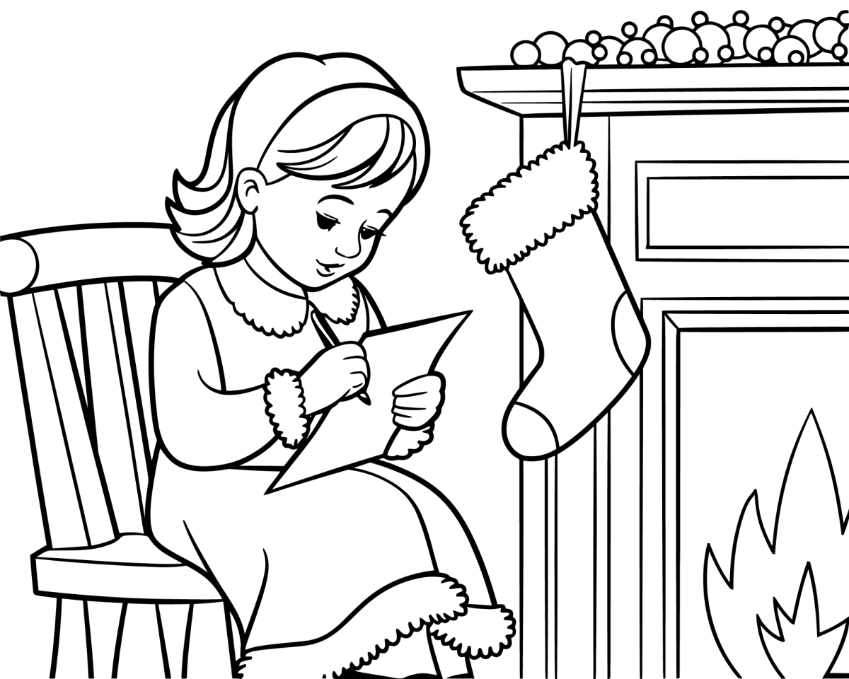 Menina lendo cartinha ao lado da lareira para colorir