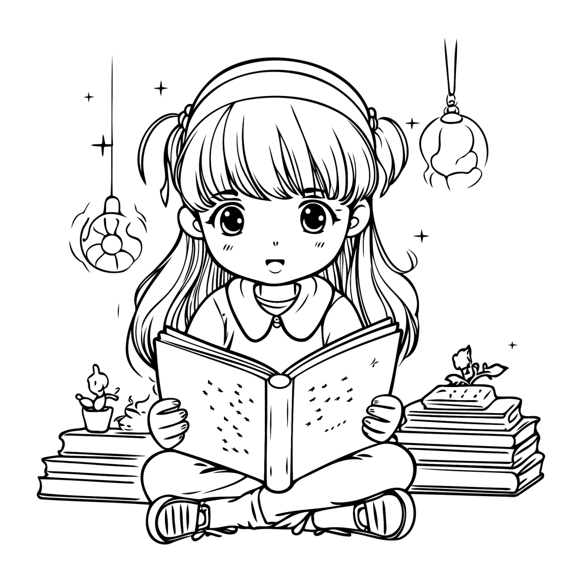 Menina lendo com pilha de livros e luzinhas para colorir