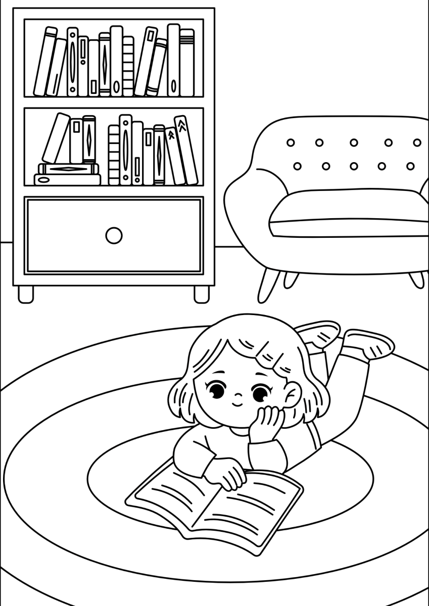 Menina lendo no tapete da sala com estante para colorir