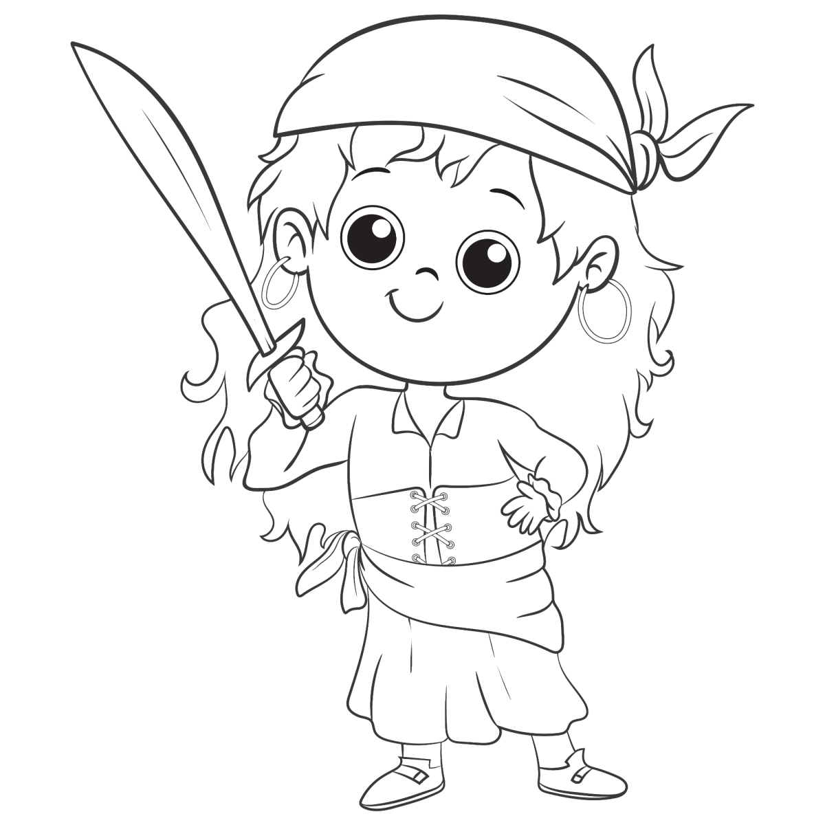 Menina pirata com espada e bandana para colorir