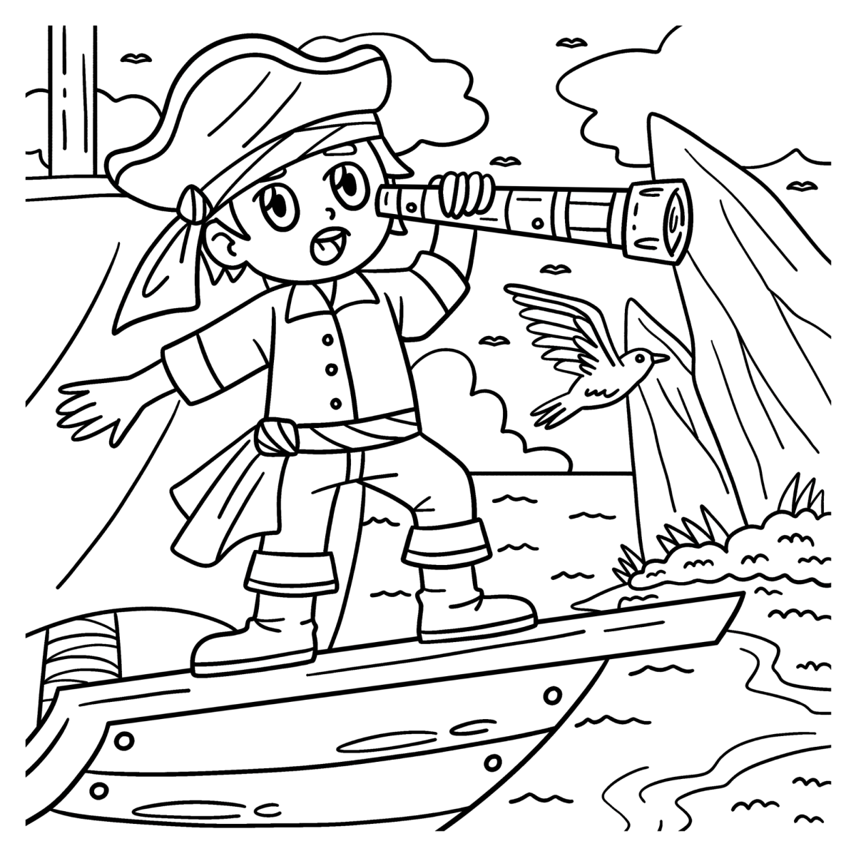 Menina pirata com luneta no navio para colorir
