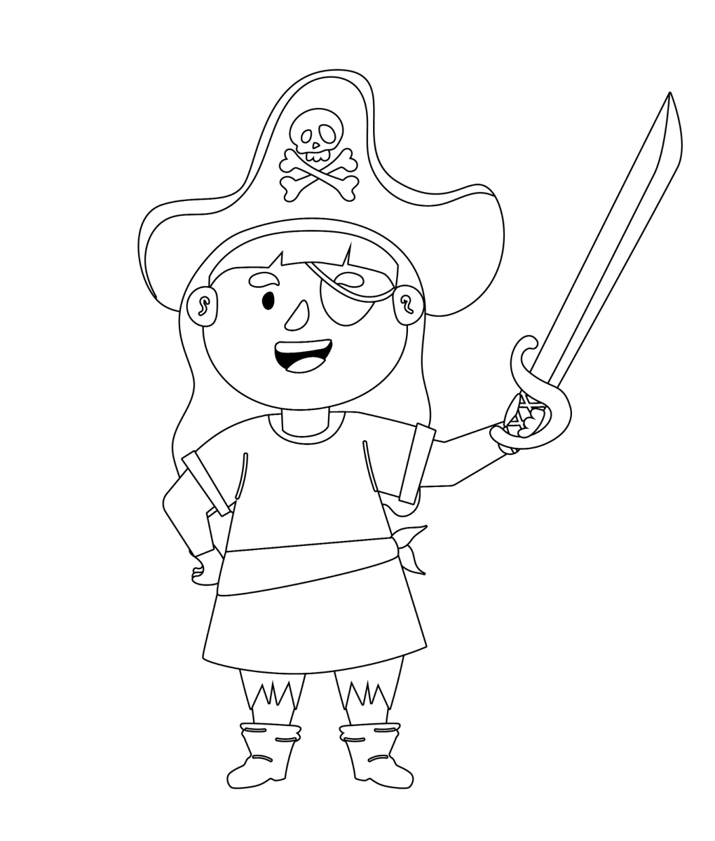 Menina pirata de chapéu com espada para colorir