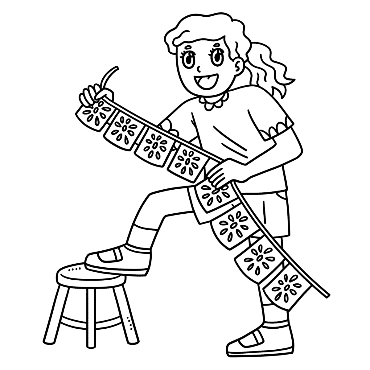 Menina recortando papel picado para colorir