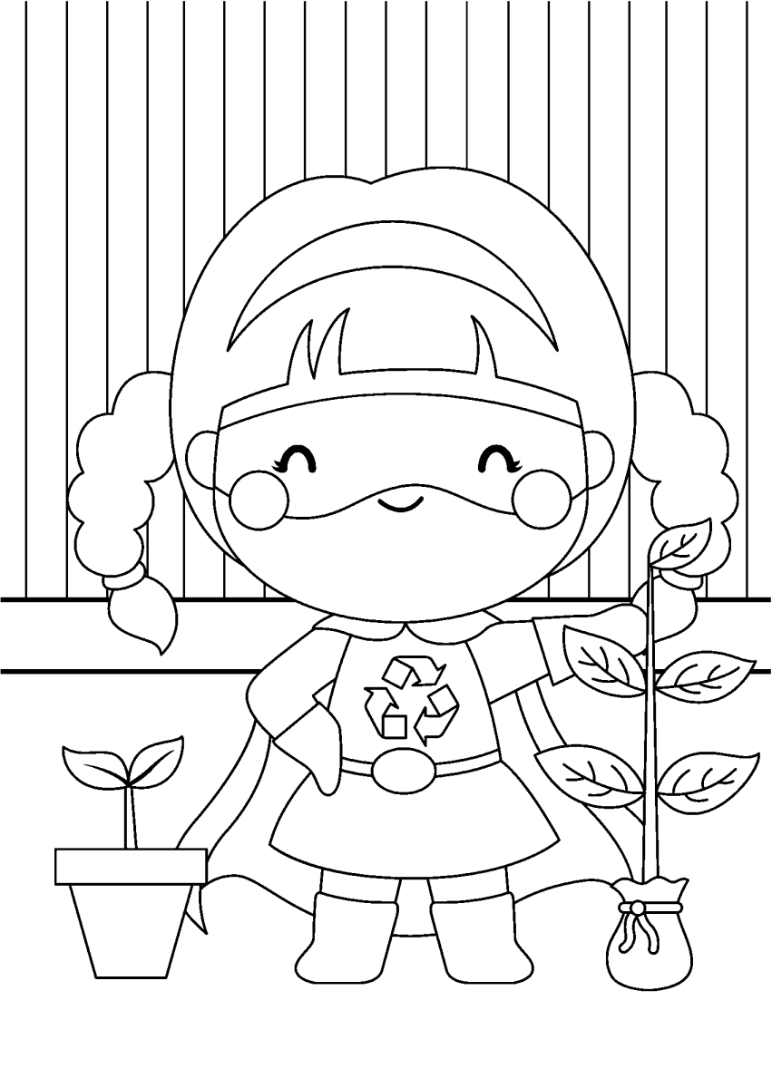 Menina super-heroína cuidando das plantas para colorir