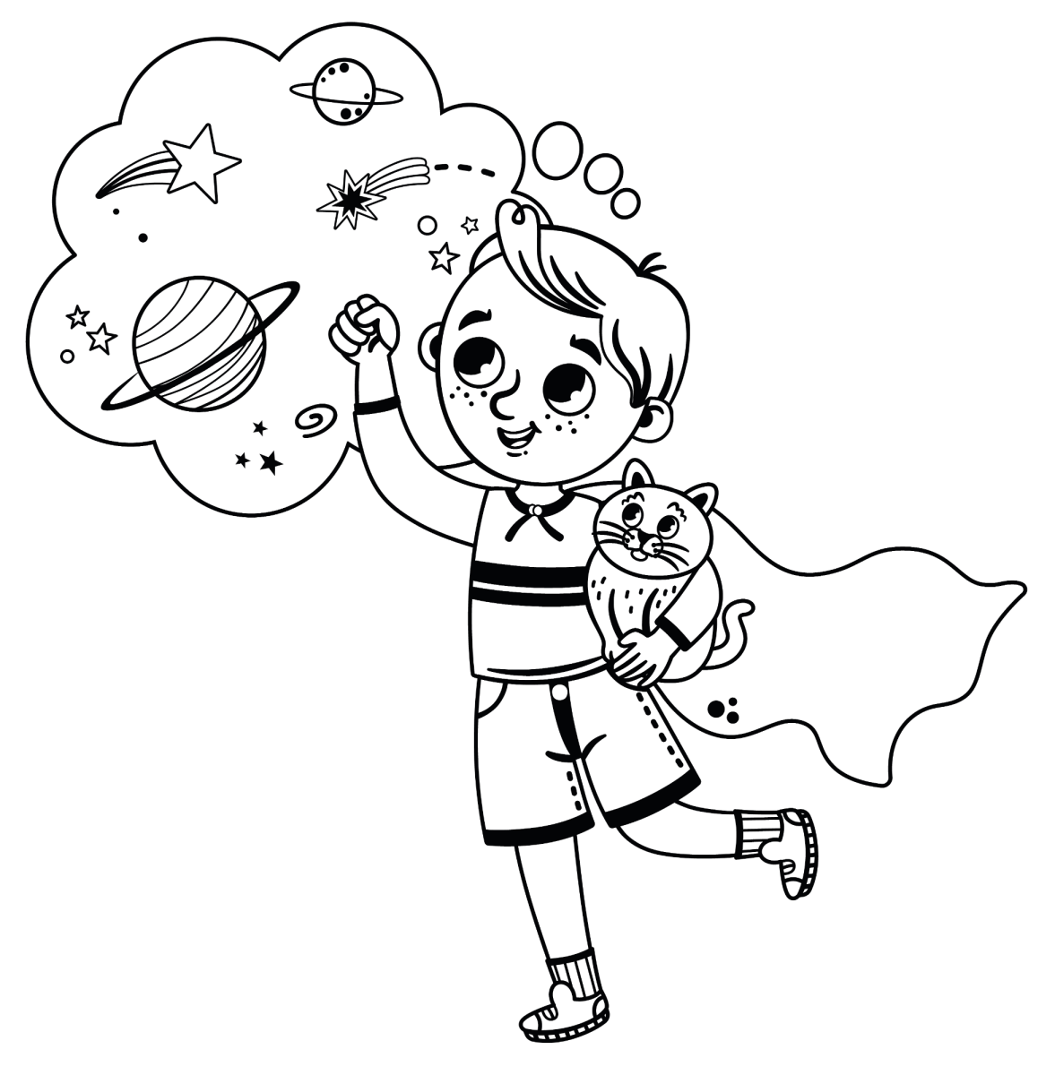 Menina super-heroína sonhando com o espaço para colorir