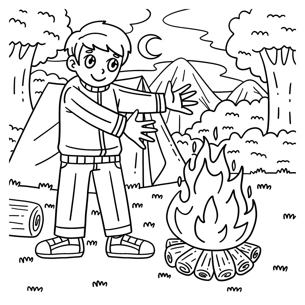 Menino acampando e esquentando as mãos na fogueira para colorir