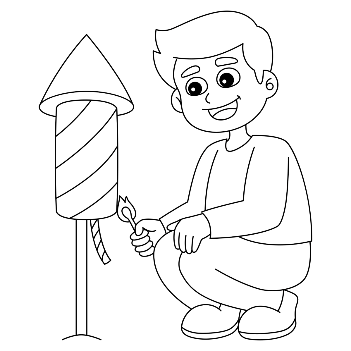 Menino acendendo um foguete de fogos para colorir