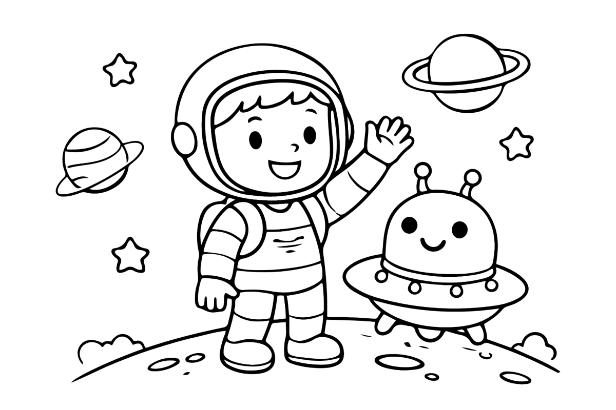 Menino astronauta cumprimentando um alienígena para colorir