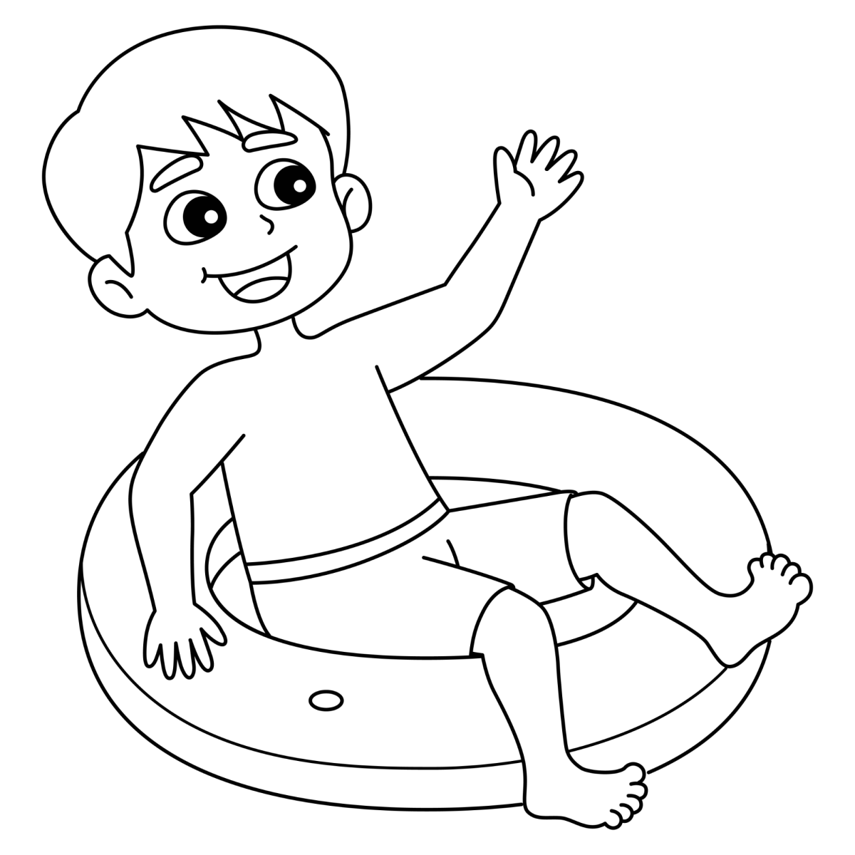 Menino boiando na piscina com boia redonda para colorir