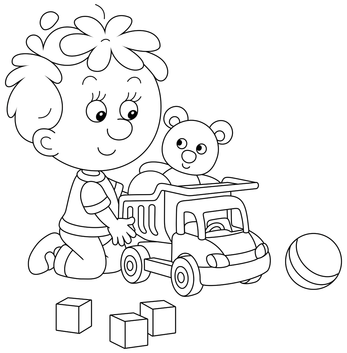 Menino brincando com o caminhão e o ursinho para colorir