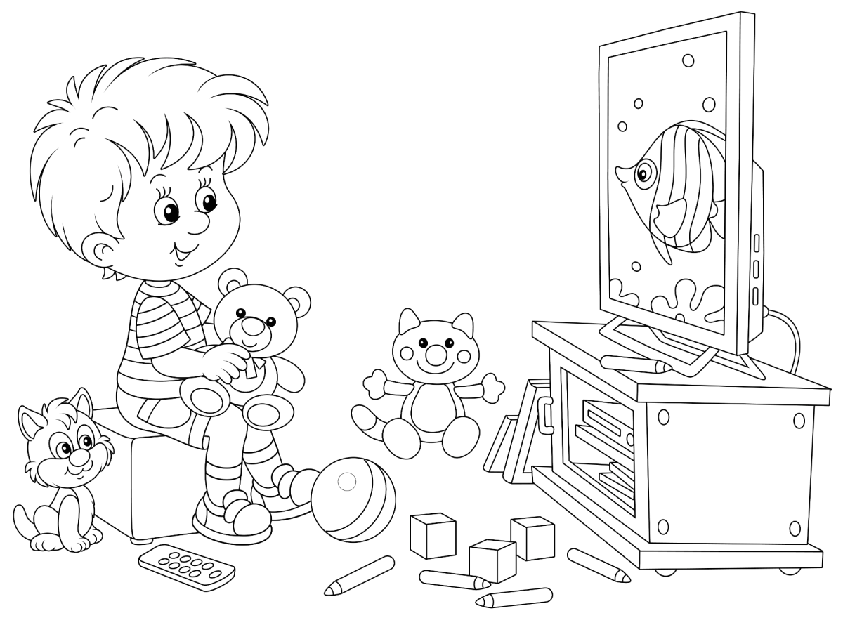 Menino brincando no quarto cheio de brinquedos para colorir