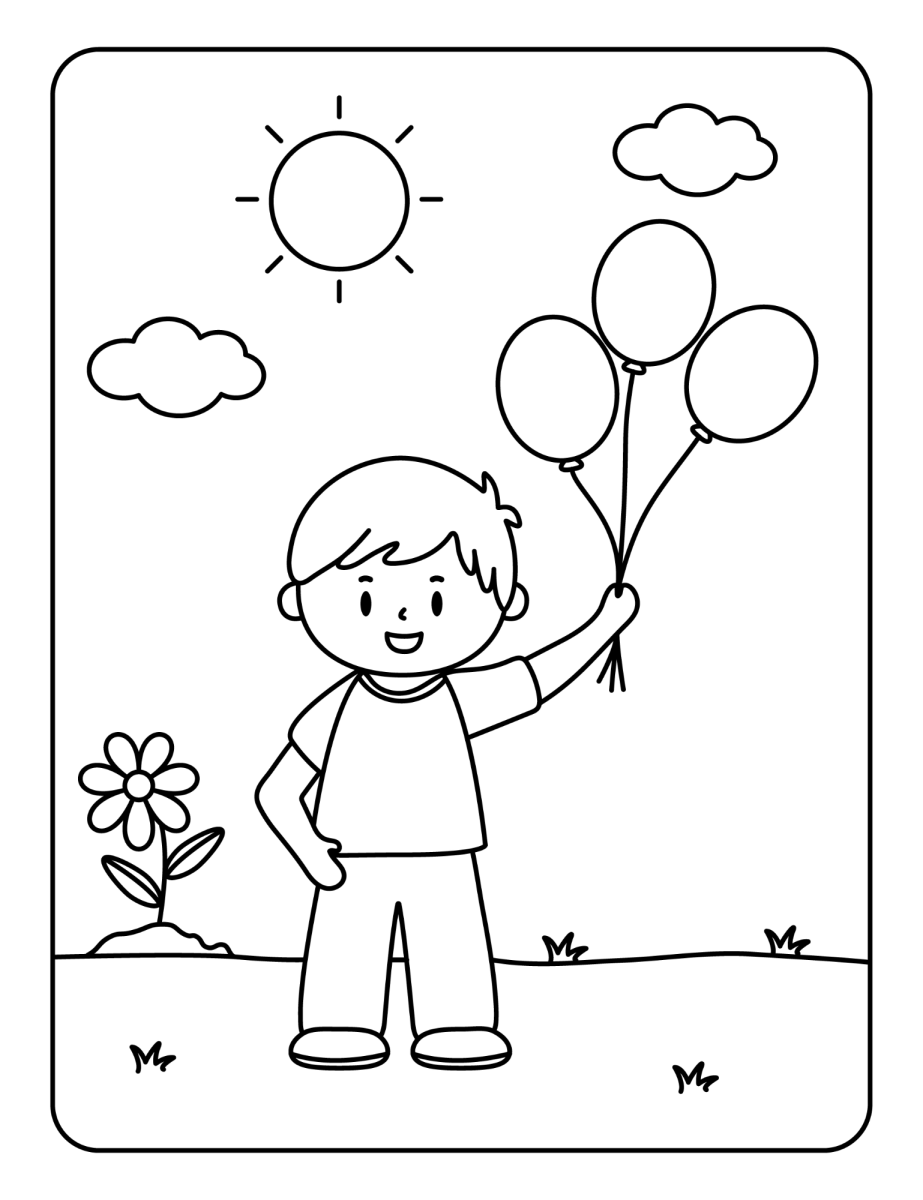 Menino com balões no jardim ensolarado para colorir