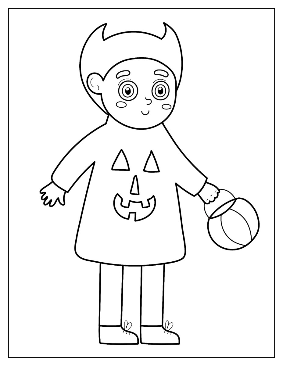 Menino com fantasia de abóbora e cestinha para colorir