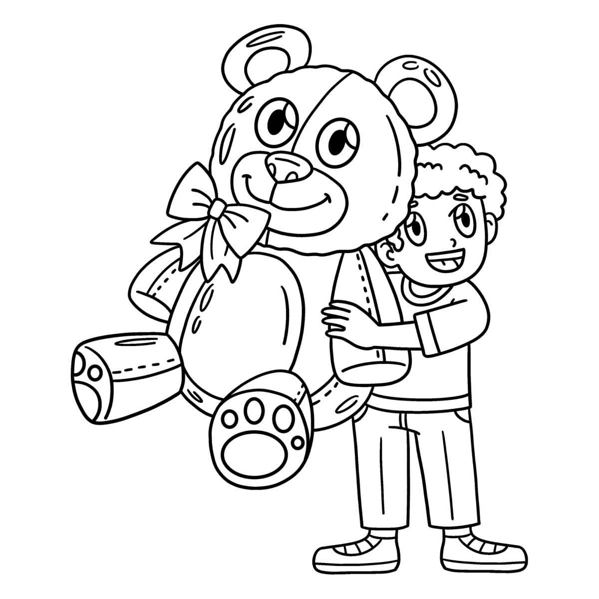 Menino com o ursão gigante de pelúcia para colorir