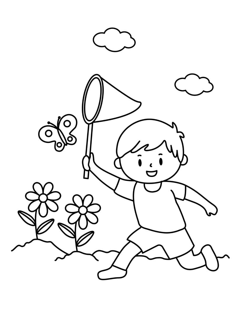Menino correndo atrás de borboleta com rede para colorir