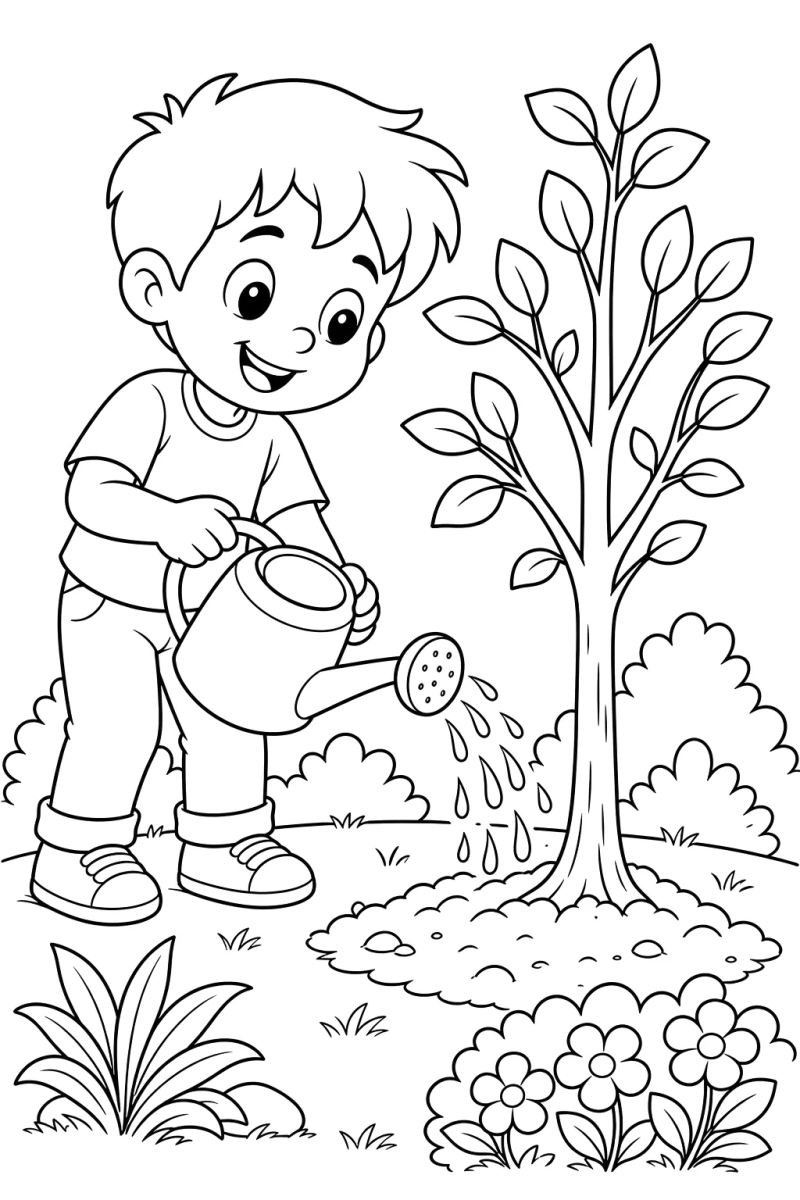 Menino cuidando da mudinha para colorir