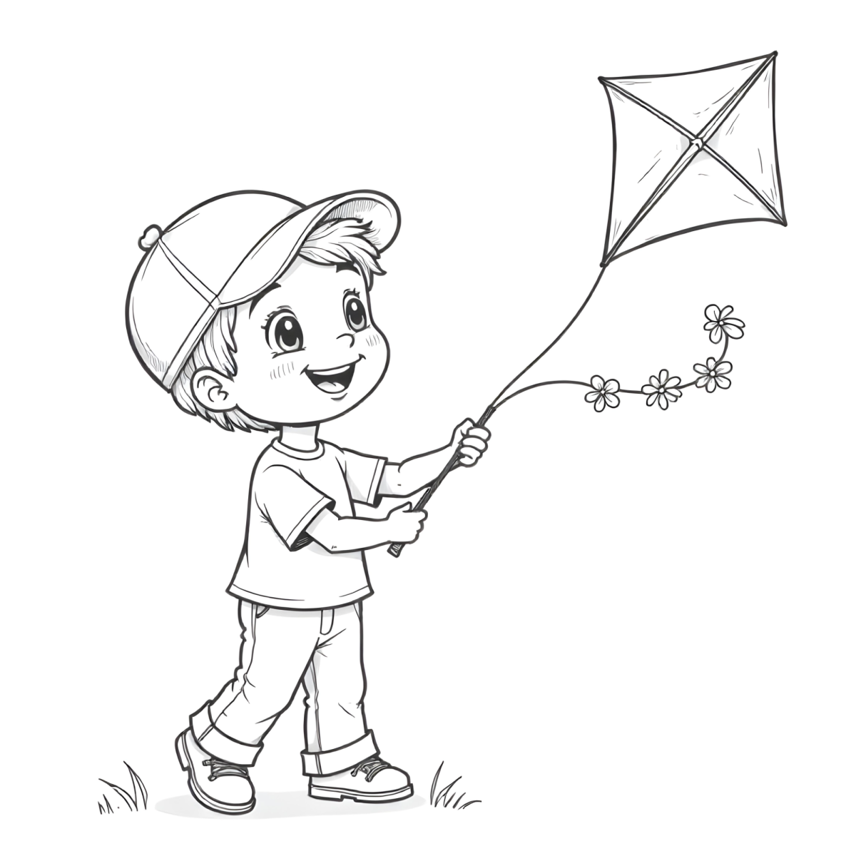 Menino de boné empinando pipa para colorir