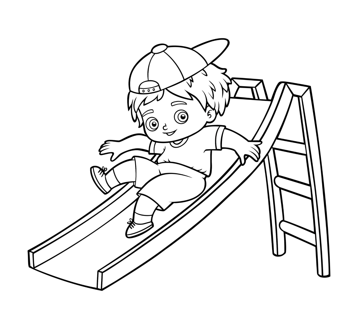 Menino de boné no escorregador para colorir