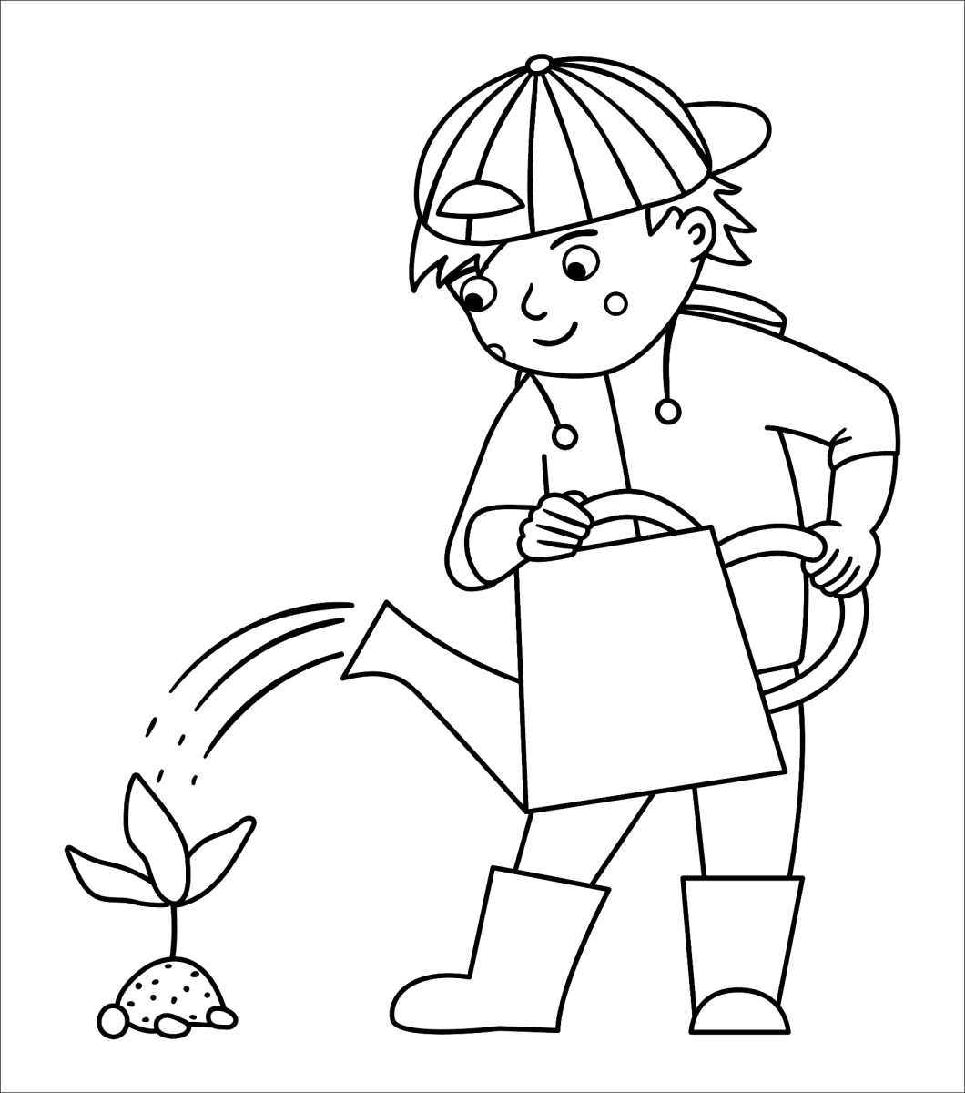 Menino de boné regando a mudinha para colorir