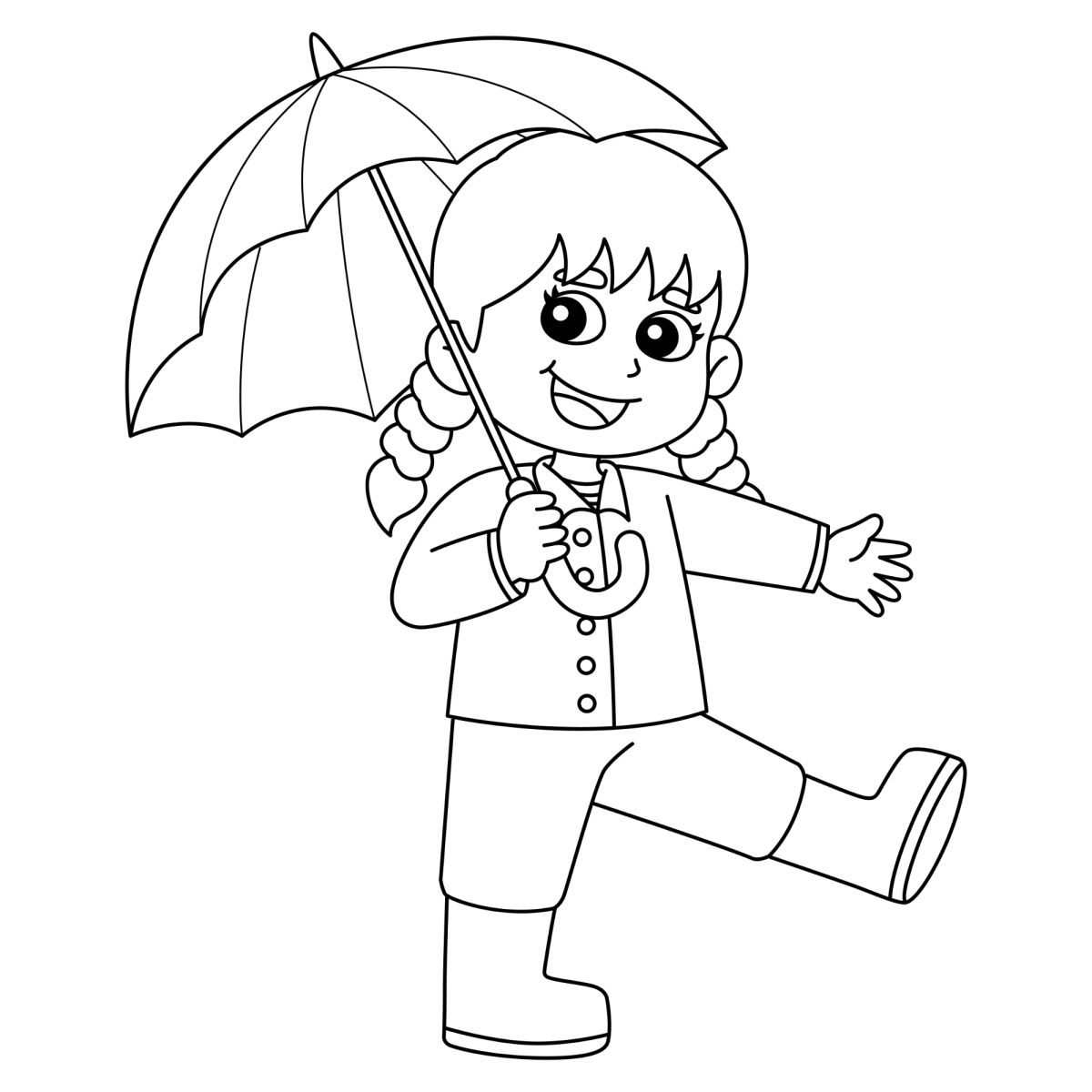Menino de botas com guarda-chuva na chuva para colorir