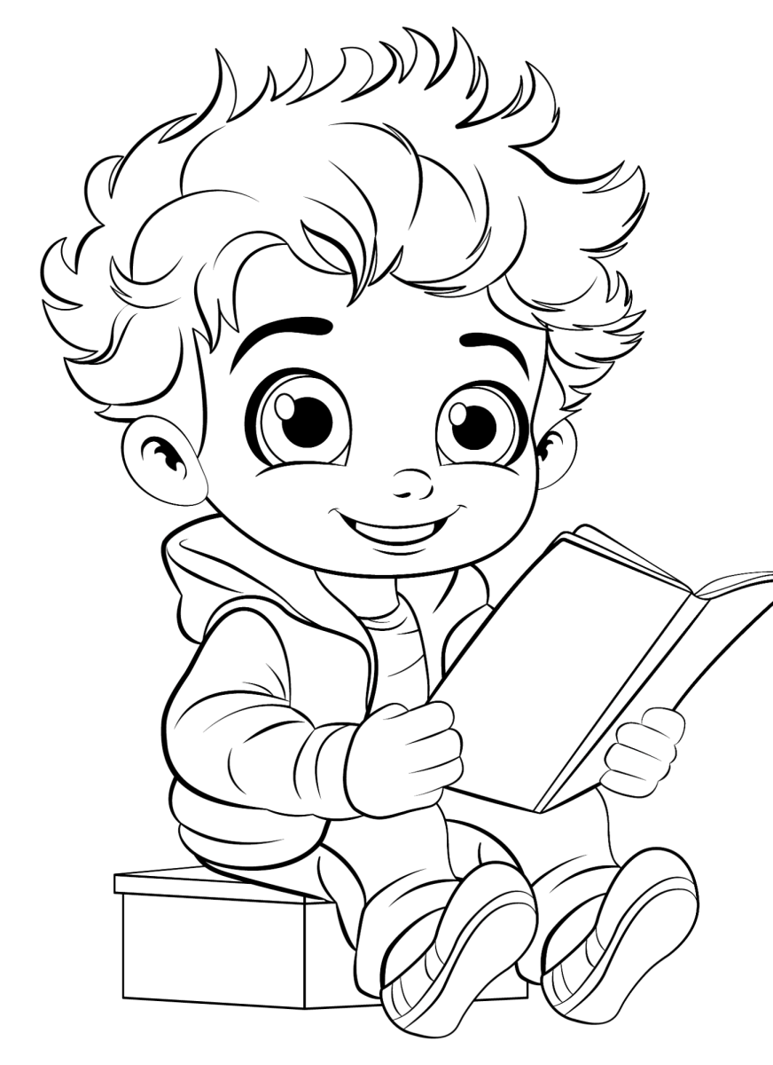 Menino de cabelo cacheado lendo sentado para colorir