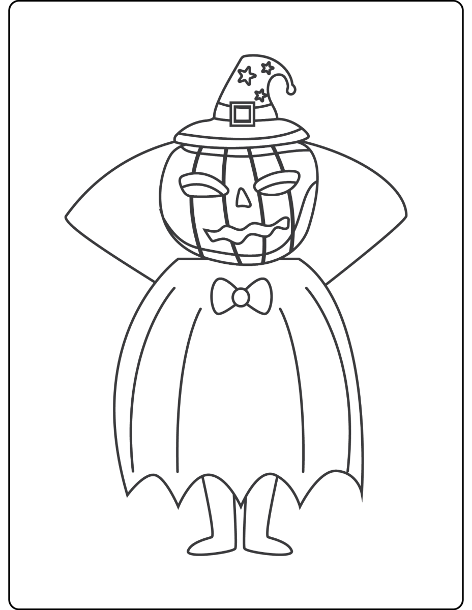 Menino de capa com a abóbora na cabeça para colorir