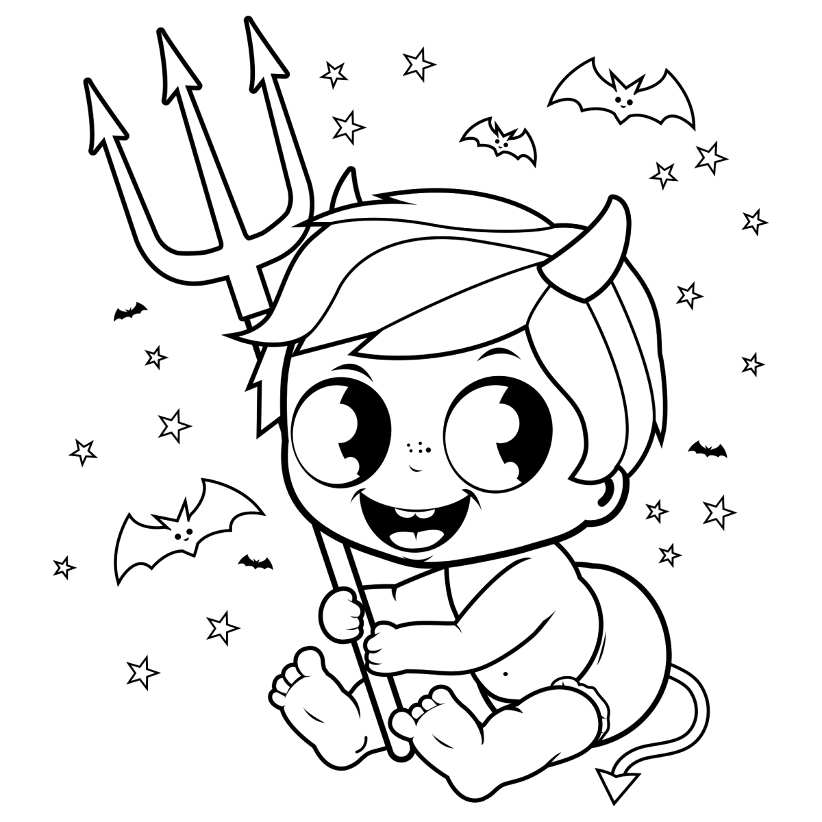Menino de diabinho com tridente e estrelas para colorir
