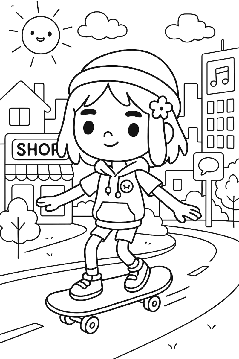 Menino do Toca Boca andando de skate na cidade para colorir