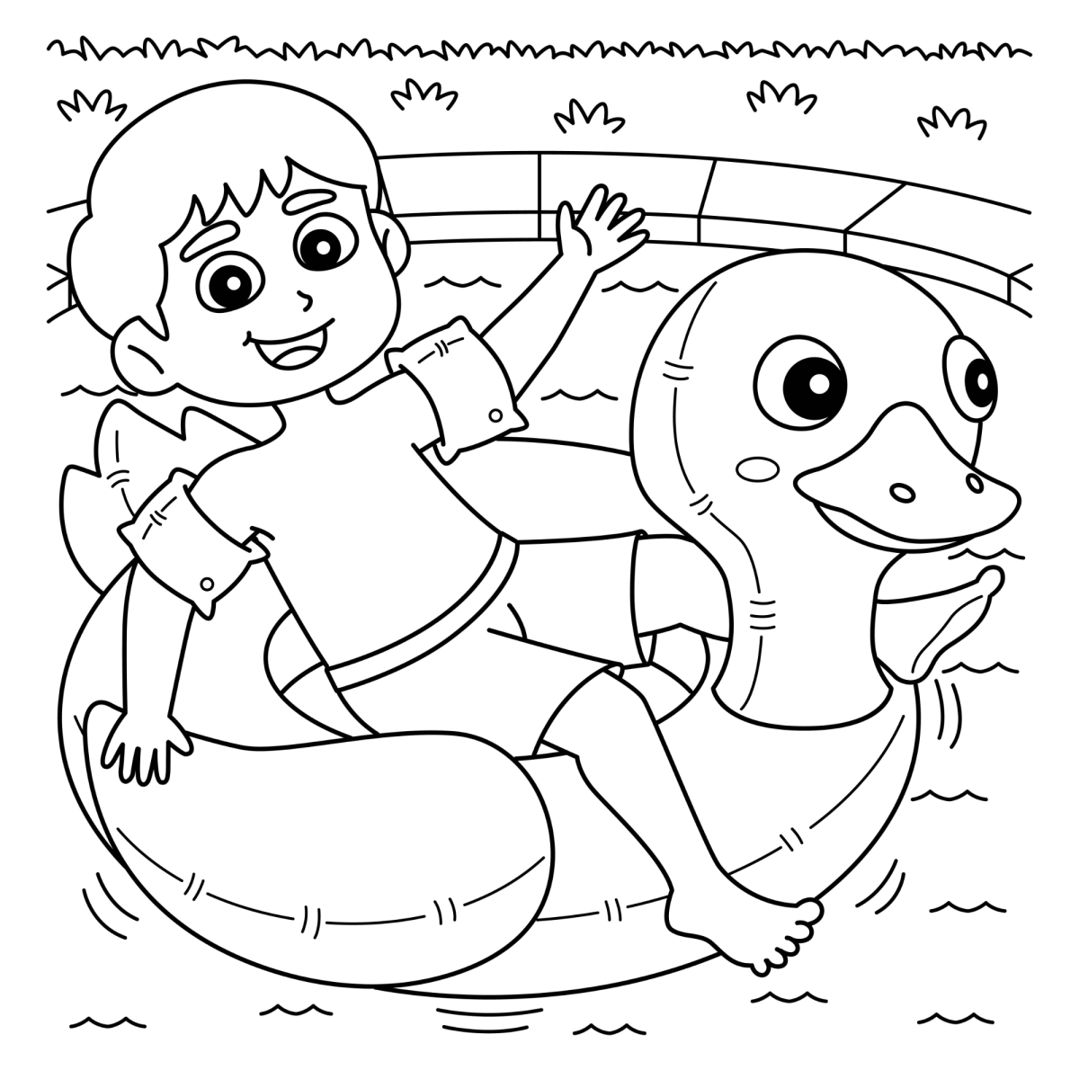 Menino e cachorro na boia de pato para colorir