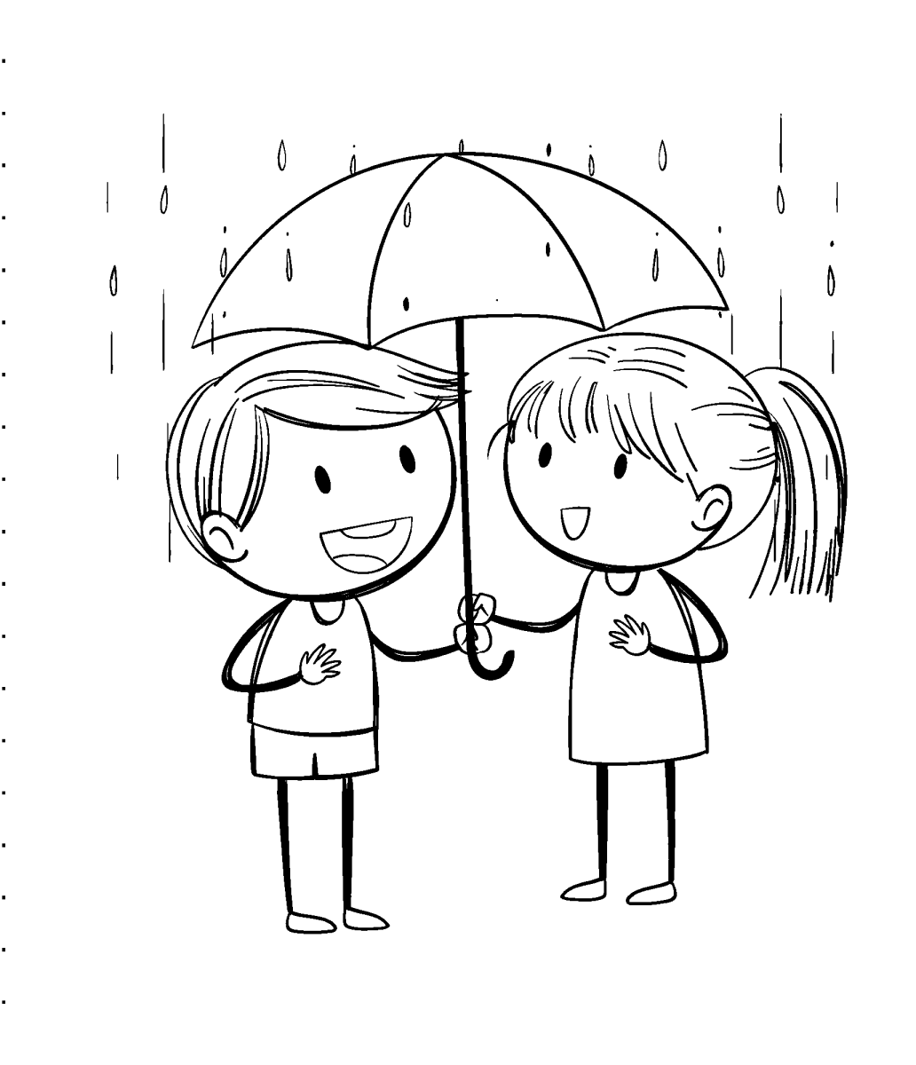 Menino e menina dividindo o guarda-chuva para colorir