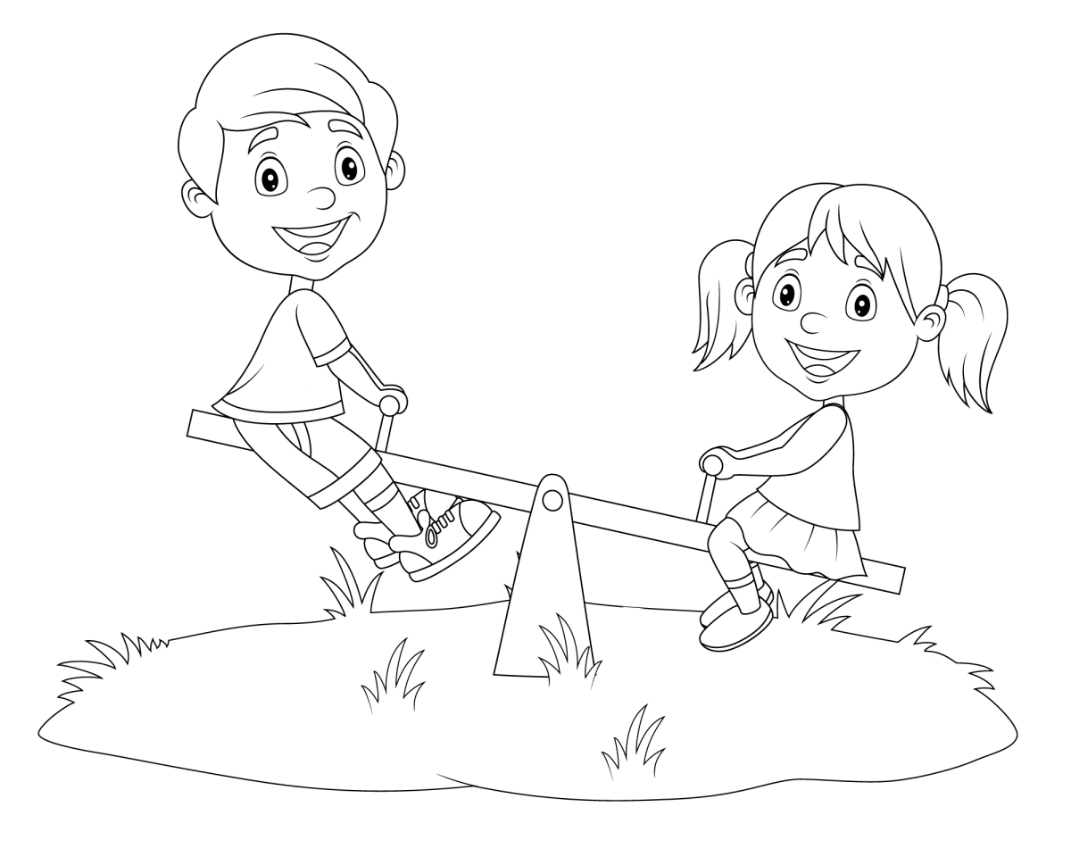 Menino e menina na gangorra para colorir