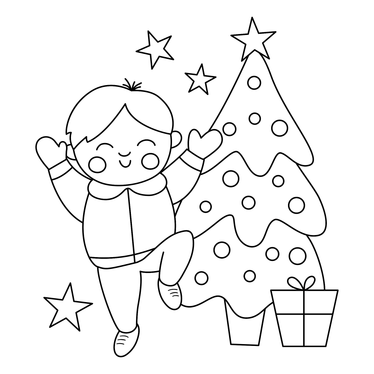 Menino enfeitando a árvore de Natal para colorir