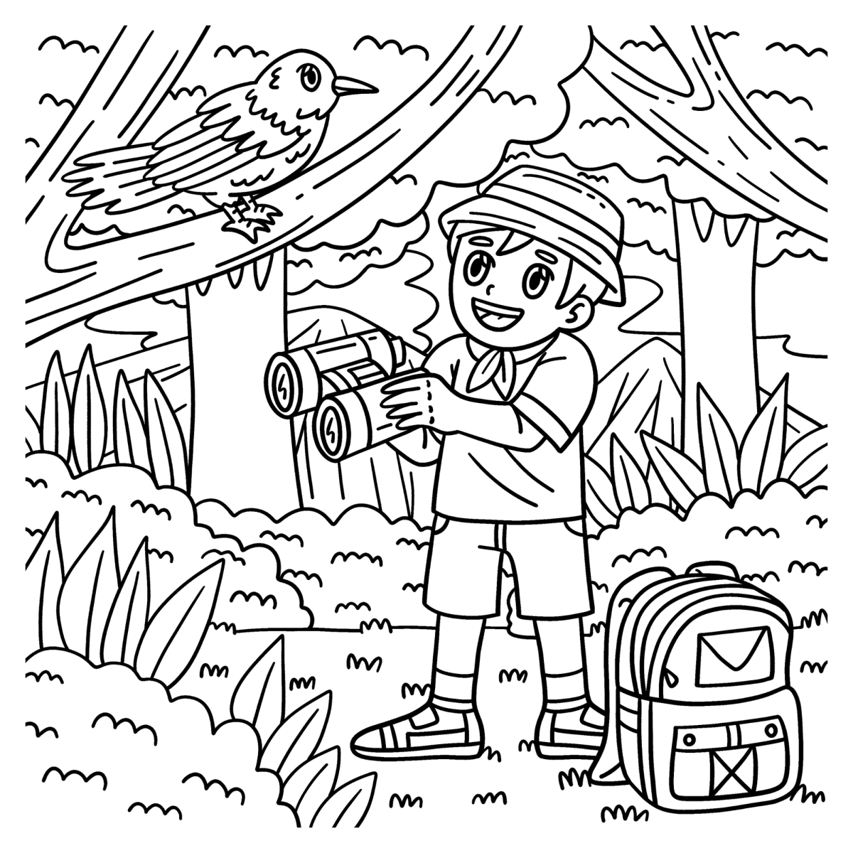 Menino escoteiro com binóculos na floresta para colorir