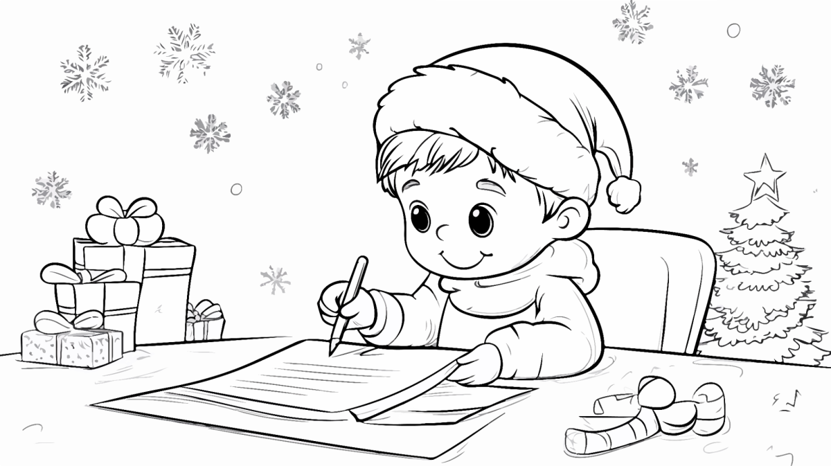 Menino escrevendo a carta perto da árvore de Natal para colorir