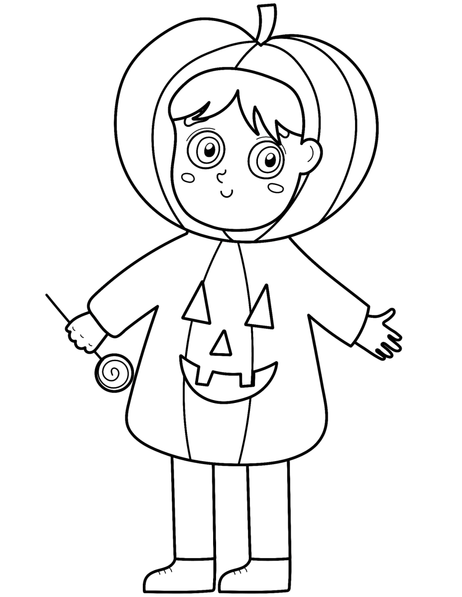 Menino fantasiado de abóbora com capuz para colorir