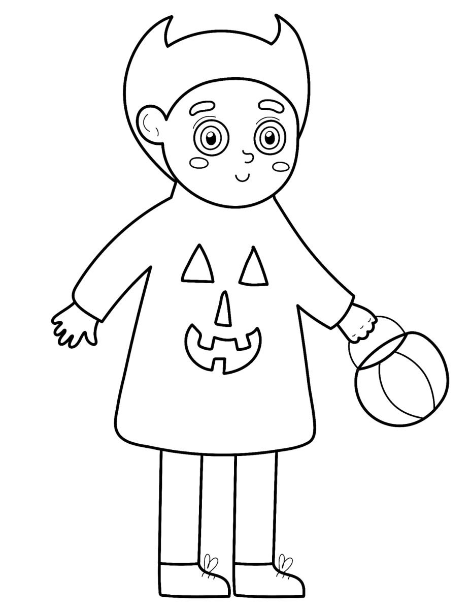 Menino fantasiado de diabinho com a bola de doces para colorir