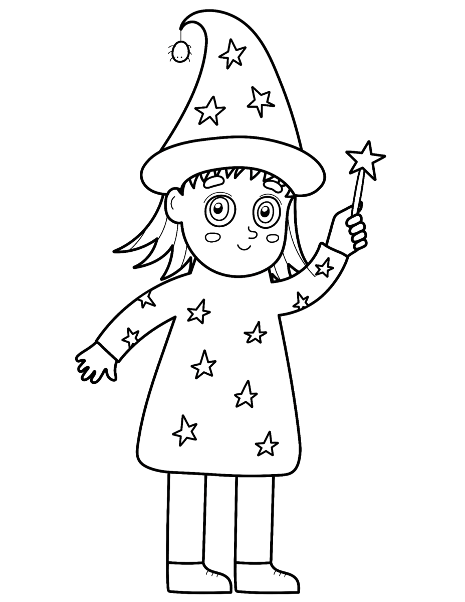 Menino fantasiado de mago com varinha para colorir