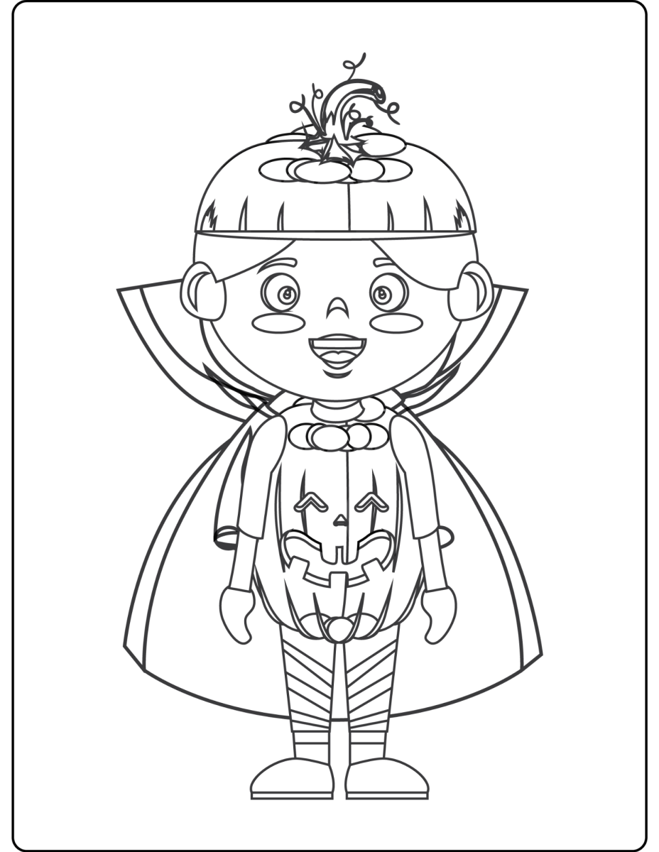 Menino fantasiado de vampiro com a abóbora de doces para colorir