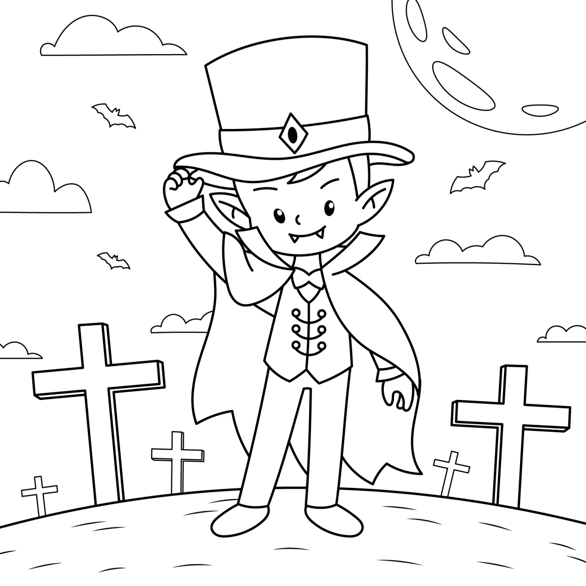 Menino fantasiado de vampiro no cemitério para colorir