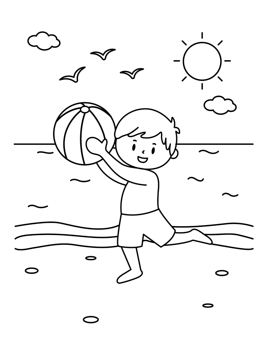 Menino jogando bola na praia para colorir