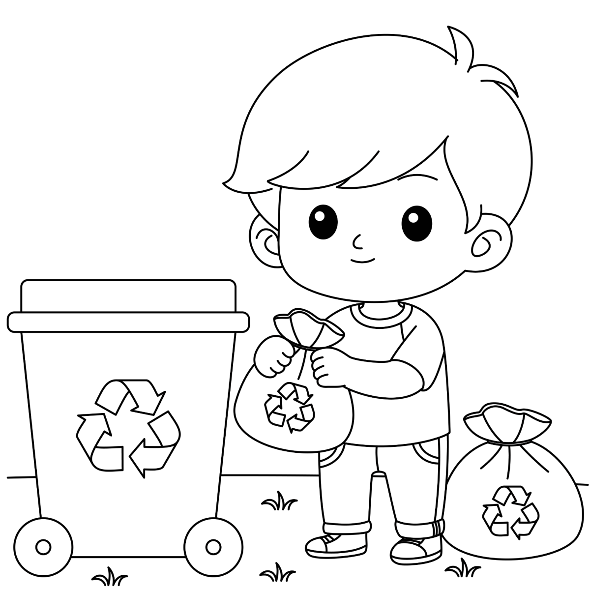 Menino jogando lixo na lixeira de reciclagem para colorir