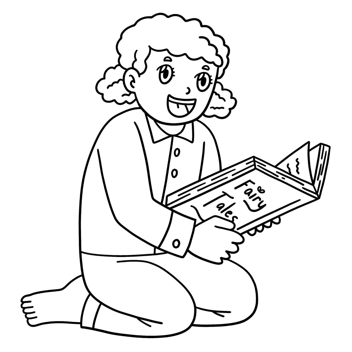 Menino lendo ajoelhado com livro aberto para colorir