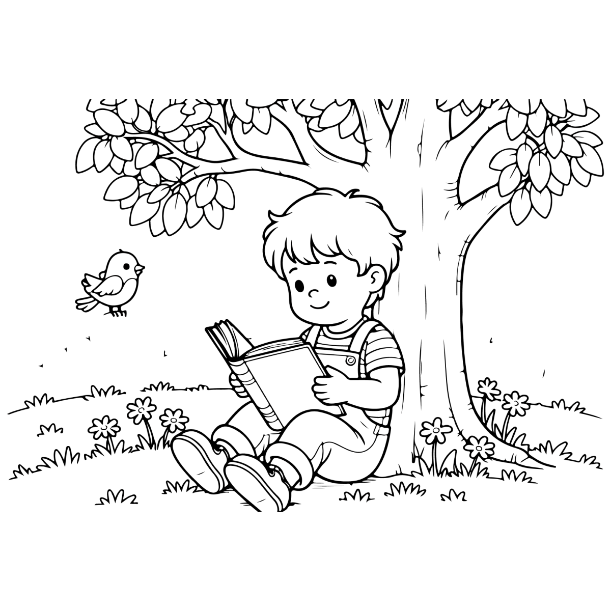 Menino lendo embaixo da árvore com passarinho para colorir