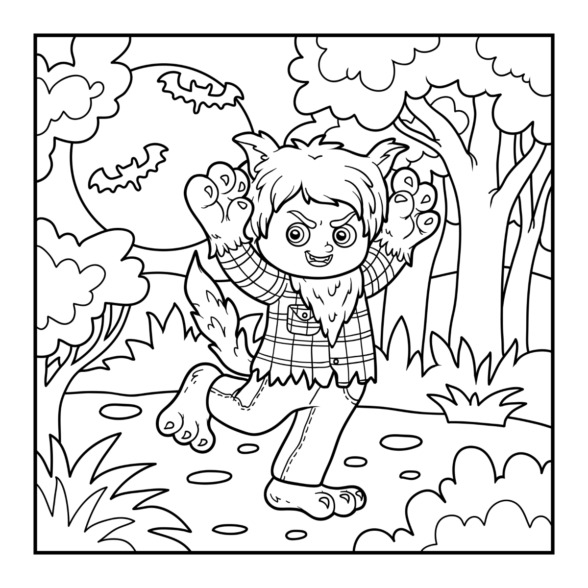 Menino lobisomem na floresta para colorir