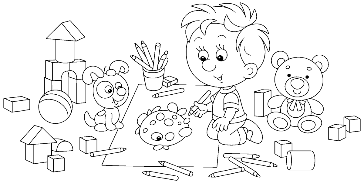 Menino montando blocos com seus brinquedos para colorir