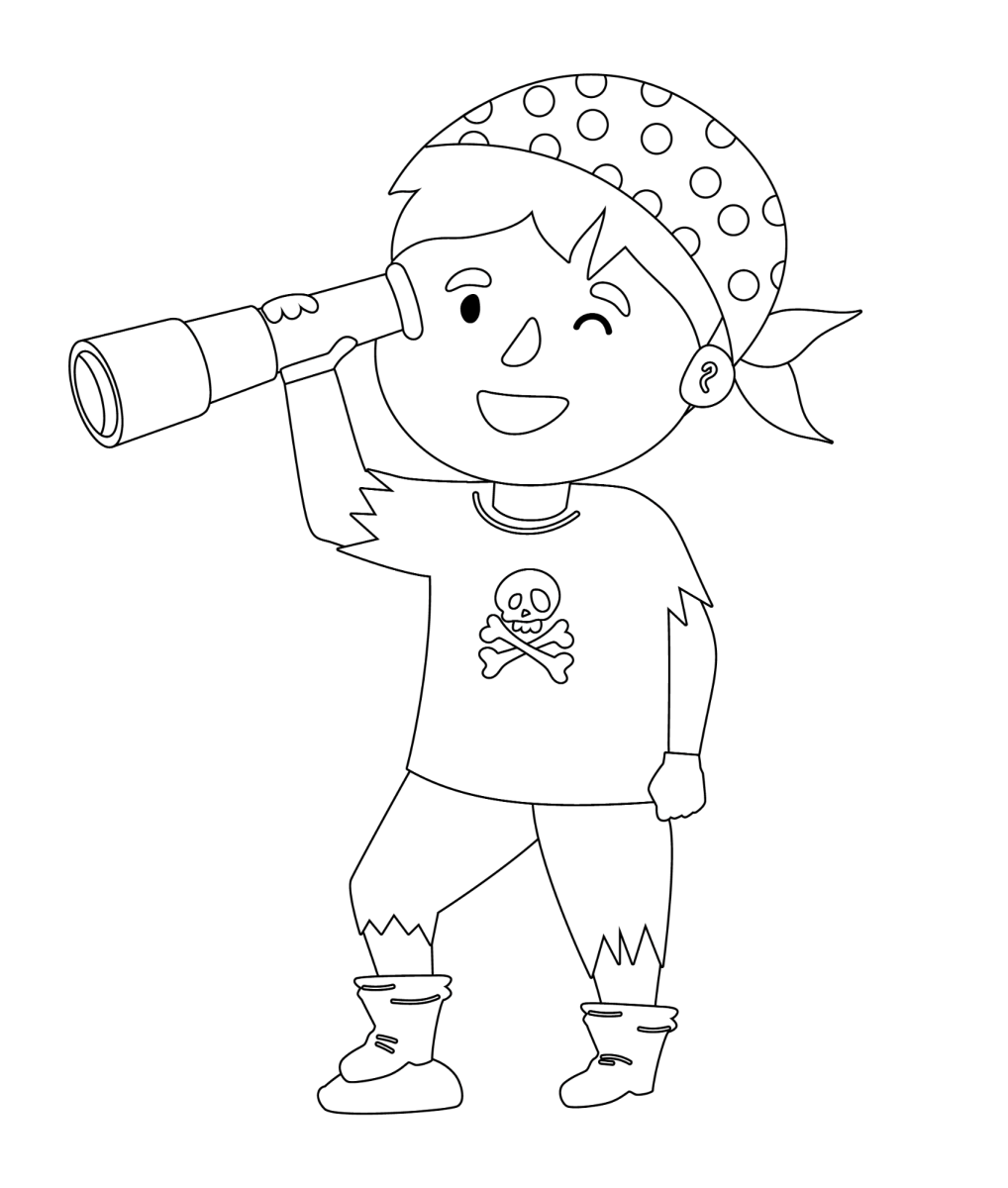 Menino pirata com luneta e bandana para colorir