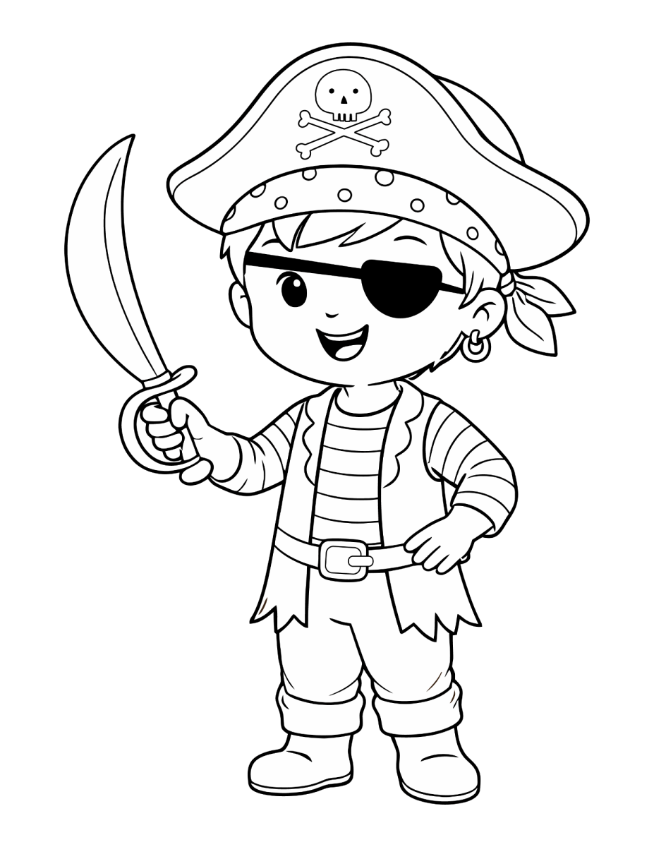Menino pirata de tapa-olho com sabre para colorir