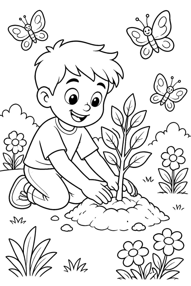Menino plantando entre borboletas para colorir